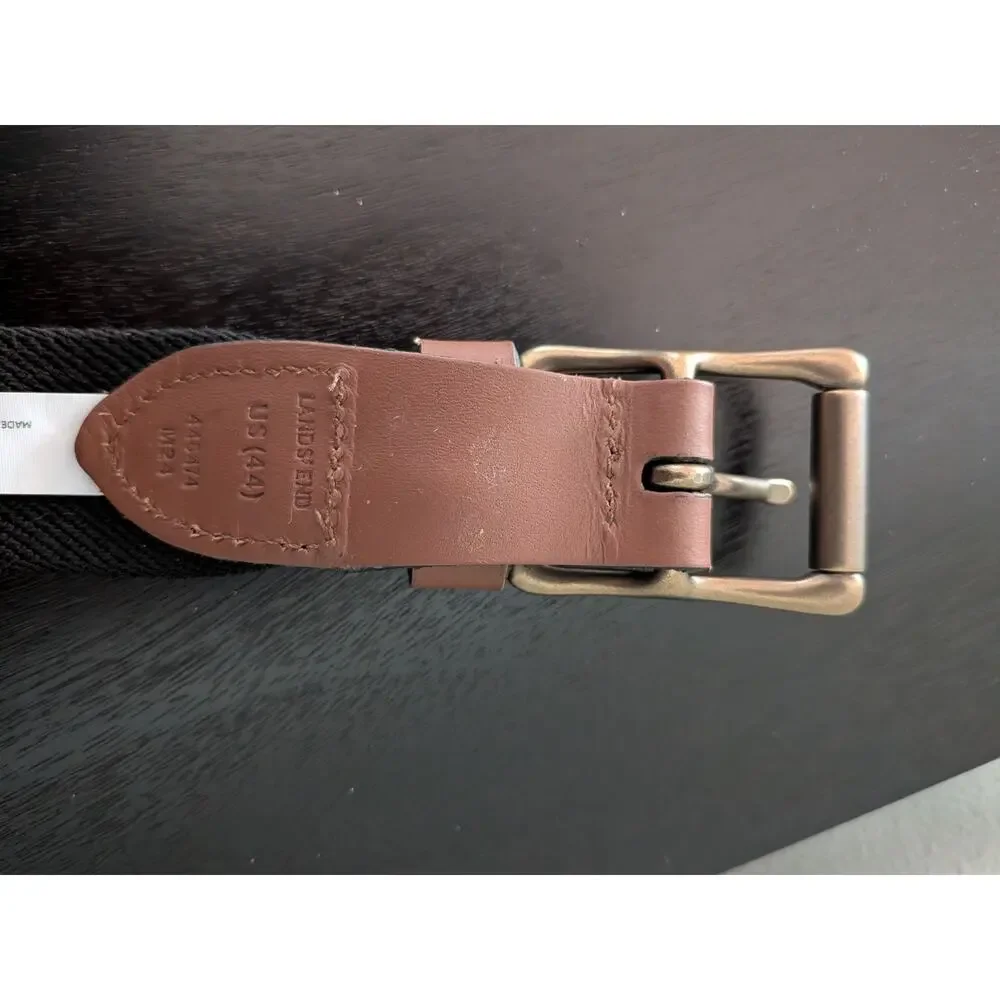 Lands' End Men's Stretch Belt Size 44 Black Elastic Cognac Leather Buckle